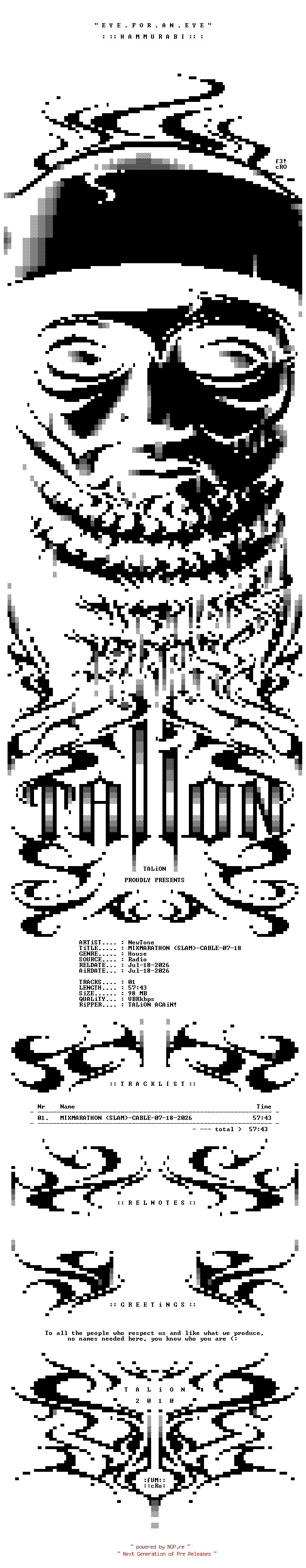 NFO for the release NewTone_-_MIXMARATHON_(SLAM)-CABLE-07-18-2026-TALiON by TALiON