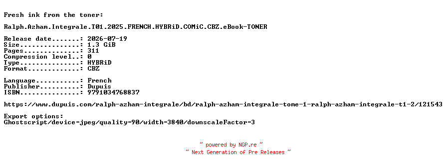 NFO for the release Ralph.Azham.Integrale.T01.2025.FRENCH.HYBRiD.COMiC.CBZ.eBook-TONER by TONER