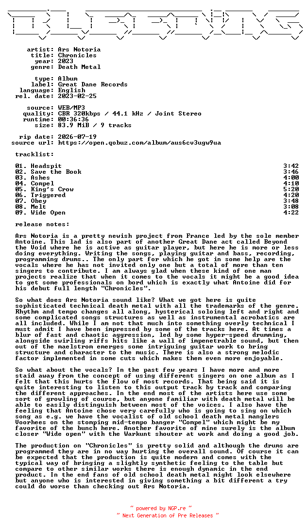 NFO for the release Ars_Notoria-Chronicles-WEB-2023-BLEEDiNG by BLEEDiNG
