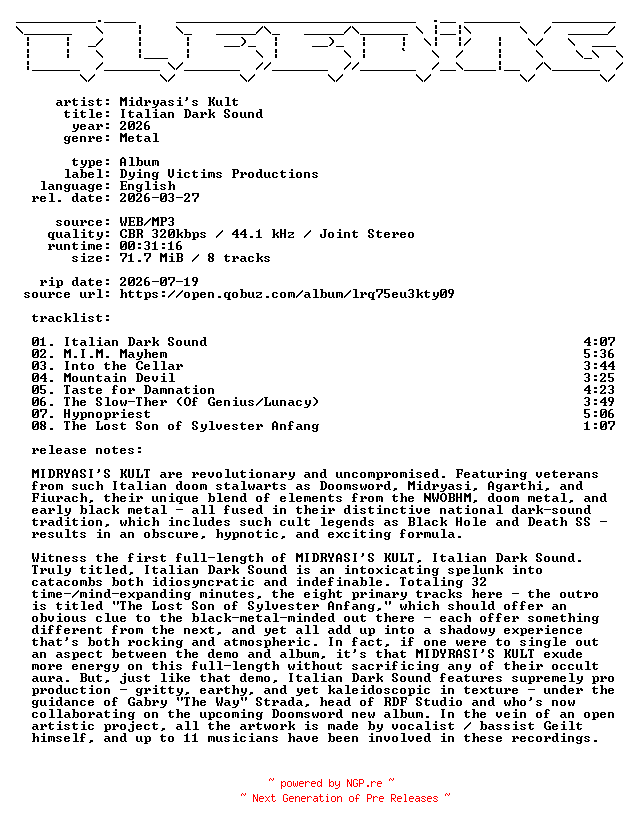 NFO for the release Midryasis_Kult-Italian_Dark_Sound-WEB-2026-BLEEDiNG_iNT by BLEEDiNG_iNT