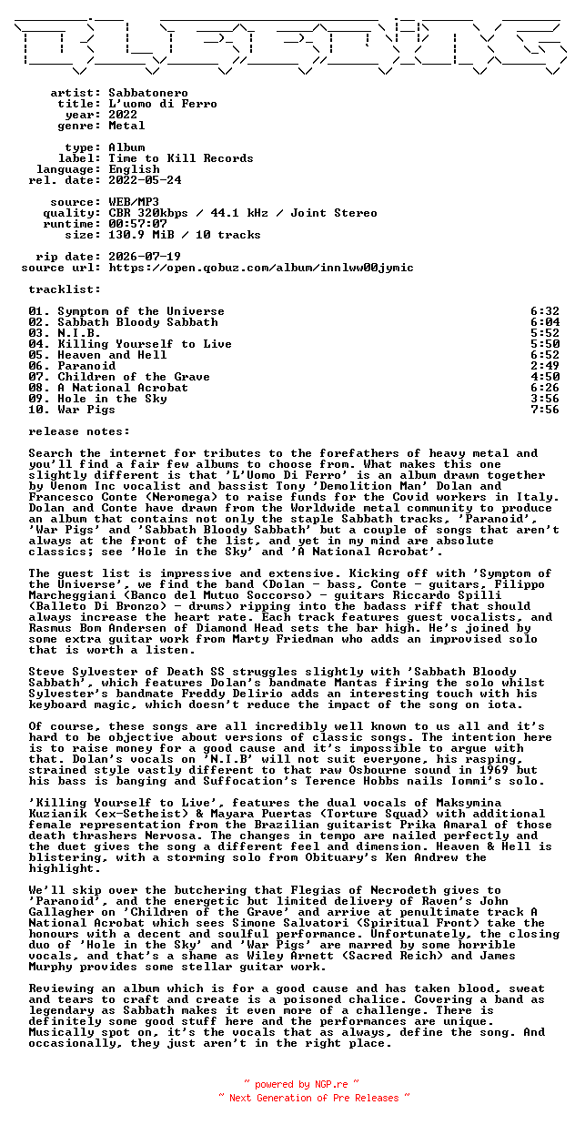 NFO for the release Sabbatonero-Luomo_di_Ferro-WEB-2022-BLEEDiNG by BLEEDiNG