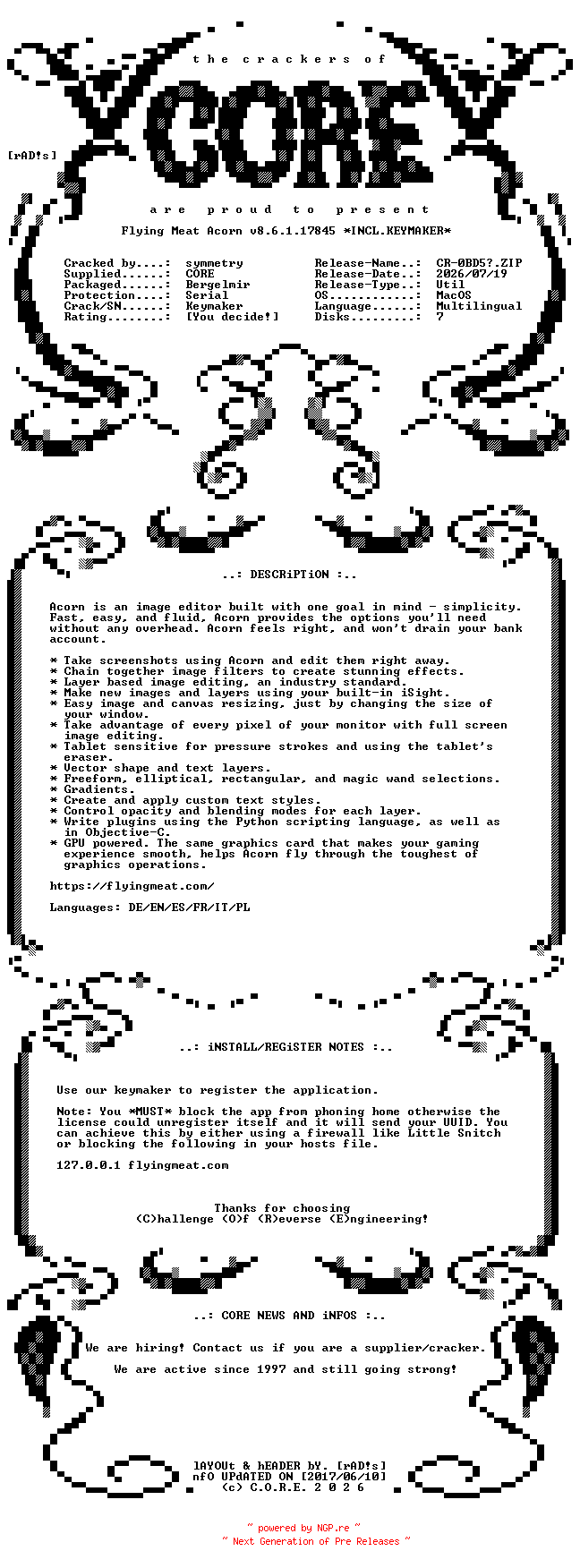 NFO for the release Flying.Meat.Acorn.v8.6.1.17845.MacOS.UB.Multilingual.Incl.Keymaker-CORE by CORE