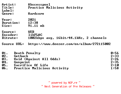 NFO for the release Abscesspool-Practice_Malicious_Activity-16BIT-WEB-FLAC-2021-VEXED by VEXED