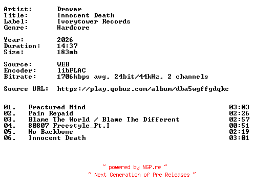 NFO for the release Drover-Innocent_Death-24BIT-WEB-FLAC-2026-VEXED by VEXED