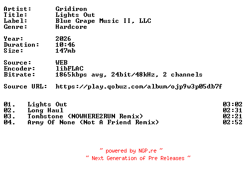NFO for the release Gridiron-Lights_Out-24BIT-WEB-FLAC-2026-VEXED by VEXED