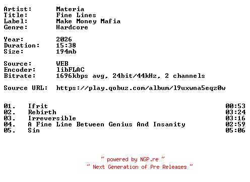 NFO for the release Materia-Fine_Lines-24BIT-WEB-FLAC-2026-VEXED by VEXED