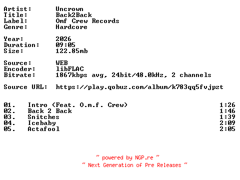 NFO for the release Uncrown-Back2Back-24BIT-WEB-FLAC-2026-VEXED by VEXED