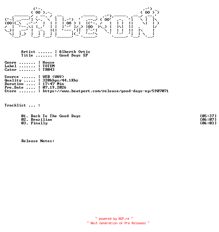 NFO for the release Alberth_Ortiz-Good_Days_EP-(TR043)-SINGLE-WEB-2026-FALCON by FALCON