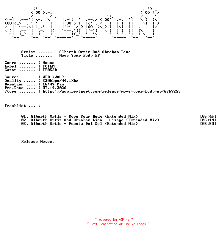 NFO for the release Alberth_Ortiz_And_Abraham_Lino-Move_Your_Body_EP-(TR052D)-WEB-2026-FALCON by FALCON