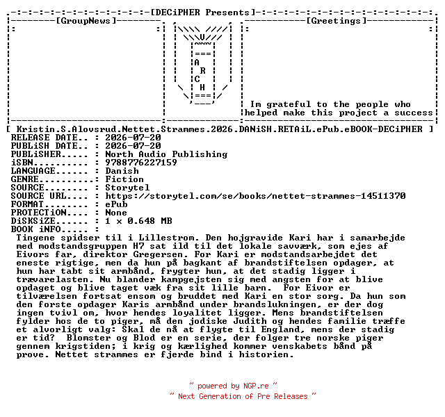 NFO for the release Kristin.S.Alovsrud.Nettet.Strammes.2026.DANiSH.RETAiL.ePub.eBOOK-DECiPHER by DECiPHER