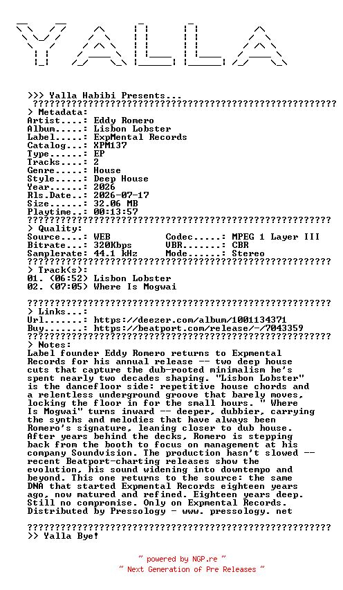 NFO for the release Eddy_Romero--Lisbon_Lobster-(XPM137)-WEB-2026-YALLA by YALLA