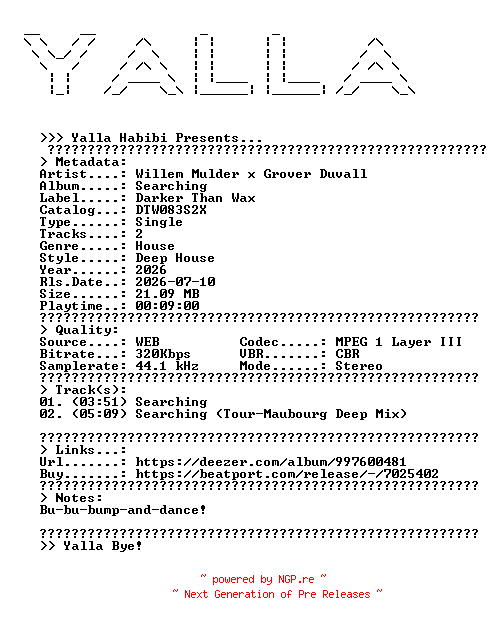 NFO for the release Willem_Mulder_x_Grover_Duvall--Searching-(DTW083S2X)-WEB-2026-YALLA by YALLA