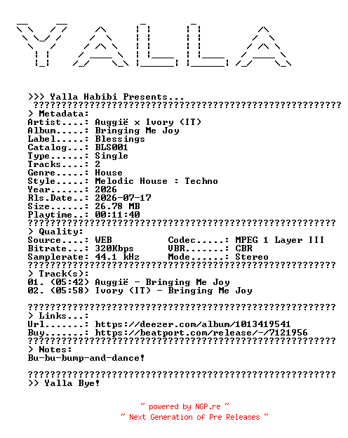 NFO for the release Auggie_x_Ivory_(IT)--Bringing_Me_Joy-(BLS001)-WEB-2026-YALLA by YALLA