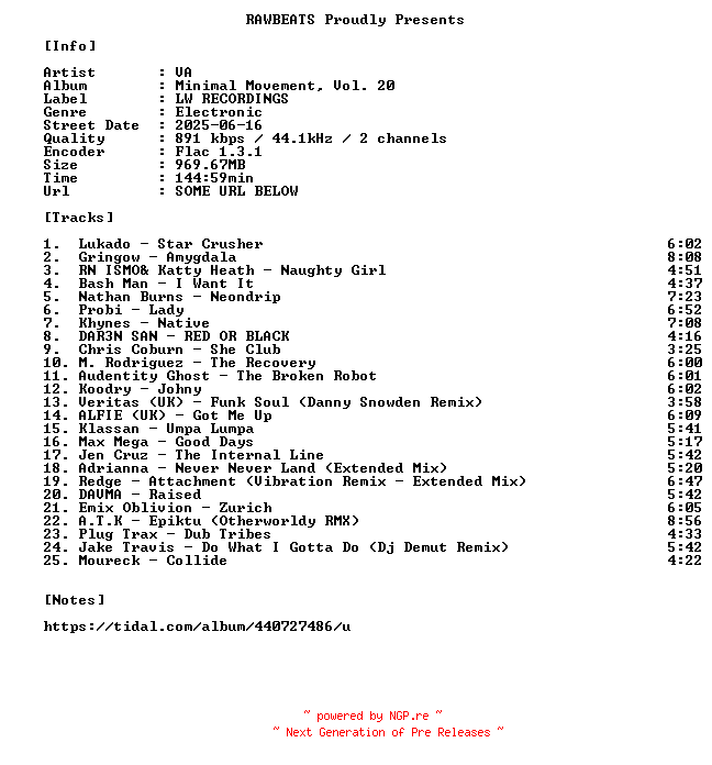 NFO for the release VA-Minimal_Movement_Vol._20-16BIT-WEB-FLAC-2025-RAWBEATS by RAWBEATS