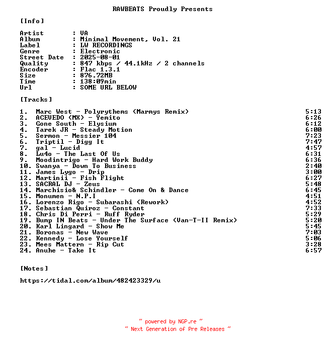 NFO for the release VA-Minimal_Movement_Vol._21-16BIT-WEB-FLAC-2025-RAWBEATS by RAWBEATS