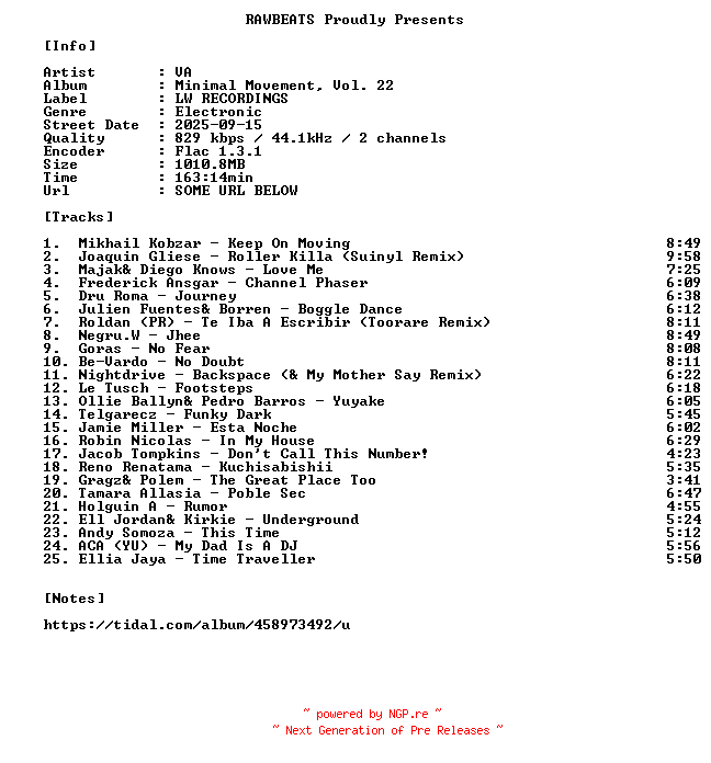 NFO for the release VA-Minimal_Movement_Vol._22-16BIT-WEB-FLAC-2025-RAWBEATS by RAWBEATS