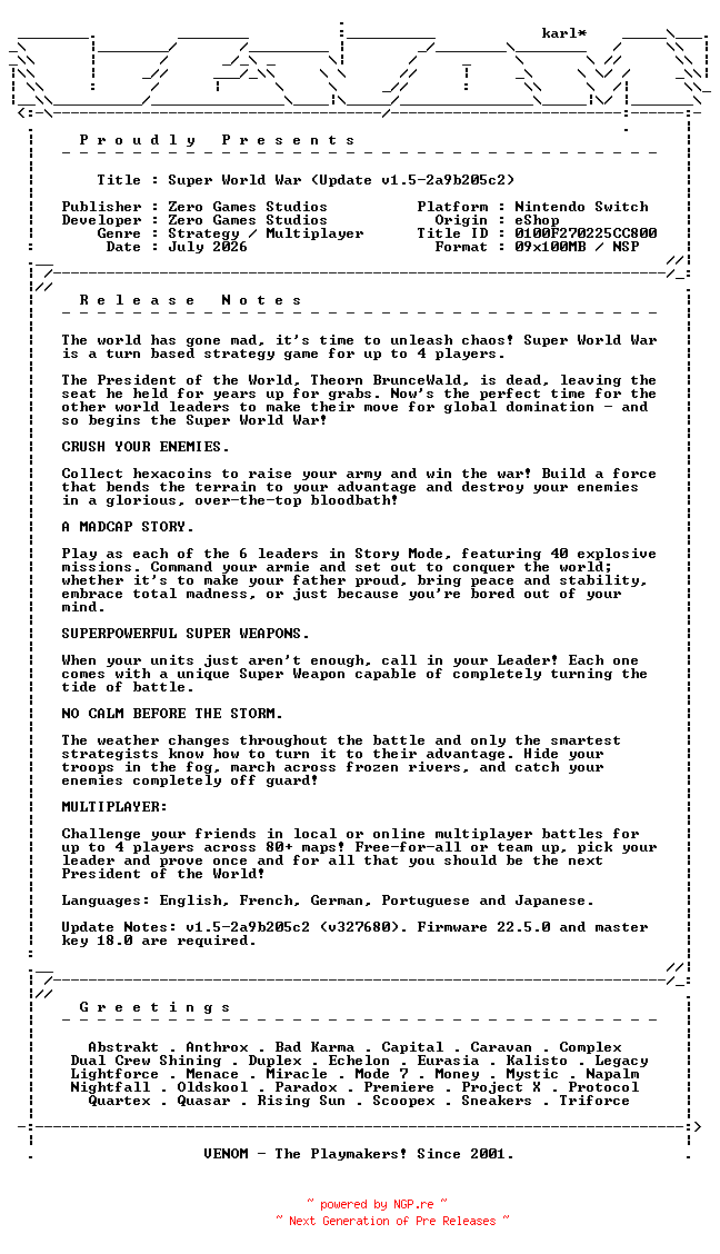 NFO for the release Super_World_War_Update_v1.5-2a9b205c2_NSW-VENOM by VENOM