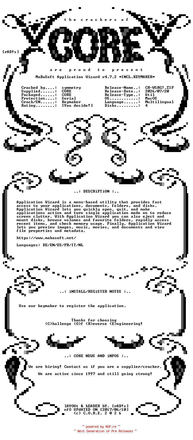 NFO for the release MaBaSoft.Application.Wizard.v4.7.2.MacOS.UB.Multilingual.Incl.Keymaker-CORE by CORE