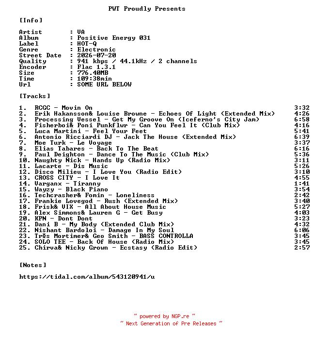NFO for the release VA-Positive_Energy_031-16BIT-WEB-FLAC-2026-PWT by PWT