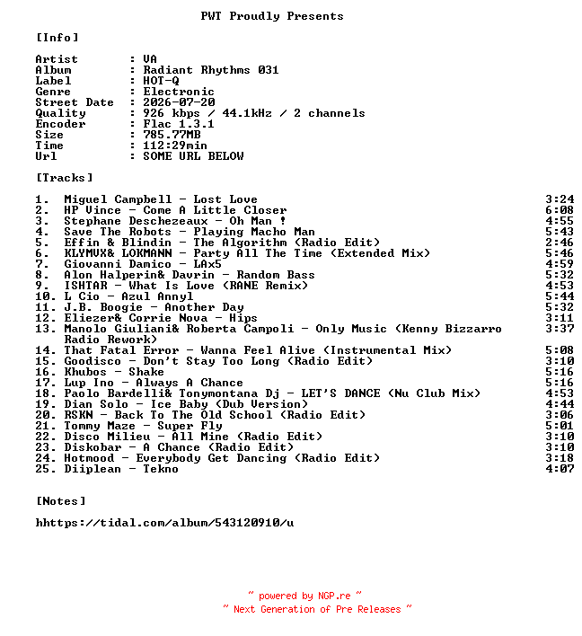 NFO for the release VA-Radiant_Rhythms_031-16BIT-WEB-FLAC-2026-PWT by PWT
