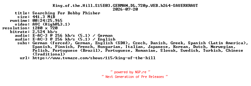 NFO for the release King.of.the.Hill.S15E03.GERMAN.DL.720p.WEB.h264-SAUERKRAUT by SAUERKRAUT