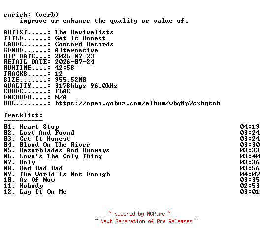 NFO for the release The_Revivalists-Get_It_Honest-24BIT-WEB-FLAC-2026-ENRiCH by ENRiCH