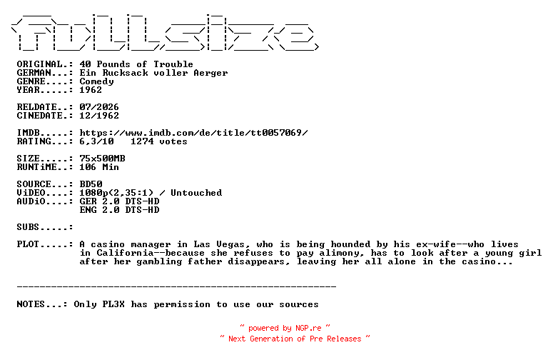 NFO for the release 40.Pounds.of.Trouble.1962.DUAL.COMPLETE.BLURAY.iNTERNAL-FULLSiZE by FULLSiZE