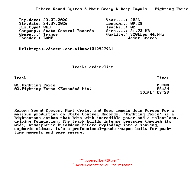 NFO for the release Reborn_Sound_System_And_Mart_Craig_And_Deep_Impuls_-_Fighting_Force-(SCR753)-WEB-2026-FMC by FMC