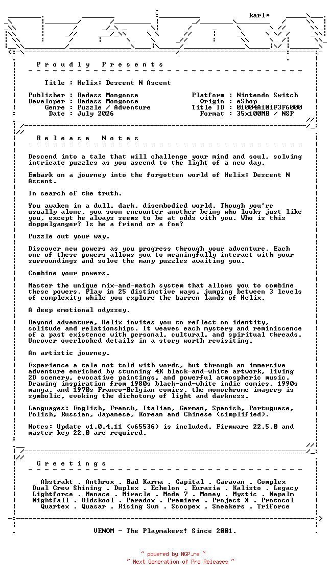 NFO for the release Helix_Descent_N_Ascent_NSW-VENOM by VENOM