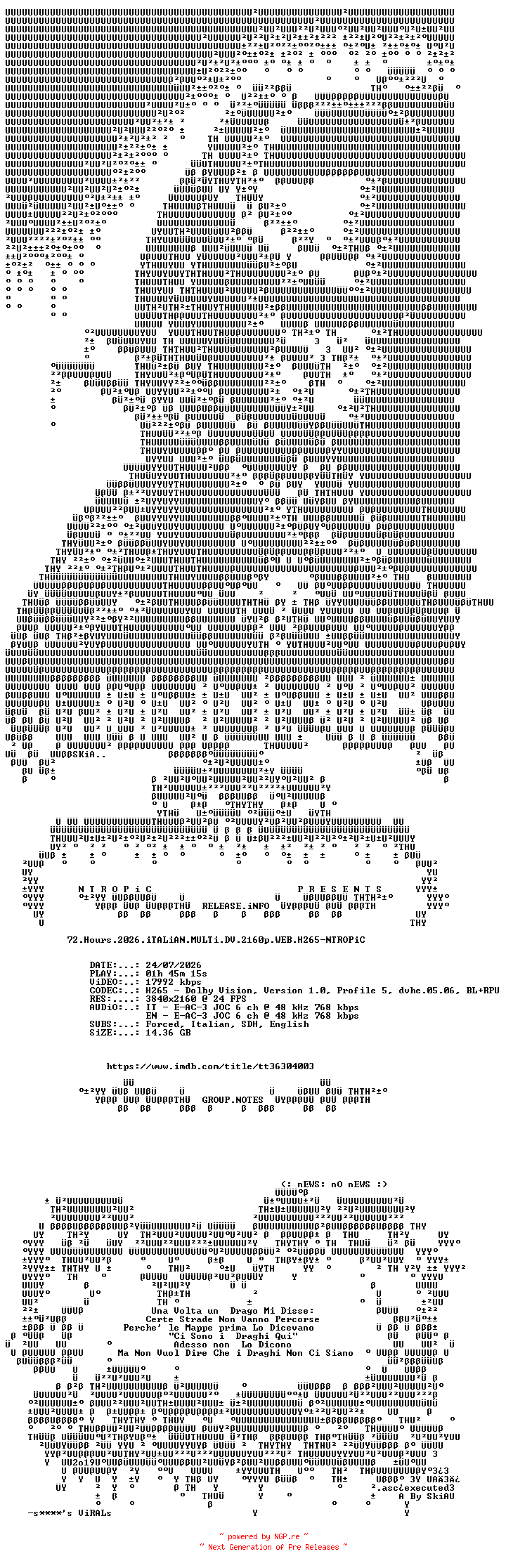 NFO for the release 72.Hours.2026.iTALiAN.MULTi.DV.2160p.WEB.H265-NTROPiC by NTROPiC
