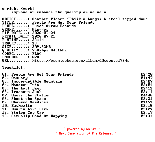 NFO for the release Another_Planet_(Phiik_and_Lungs)_and_steel_tipped_dove-People_Are_Not_Your_Friends-16BIT-WEB-FLAC-2026-ENRiCH by ENRiCH