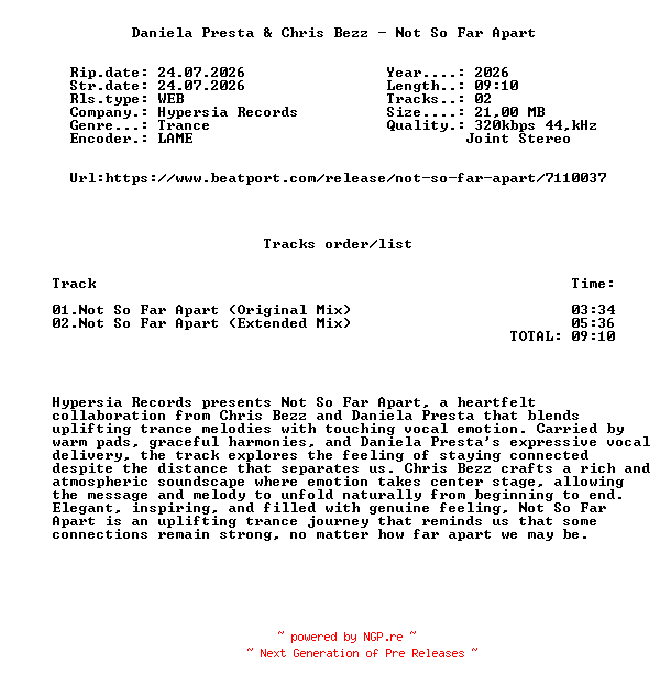 NFO for the release Daniela_Presta_And_Chris_Bezz_-_Not_So_Far_Apart-(HPRN041)-WEB-2026-FMC by FMC