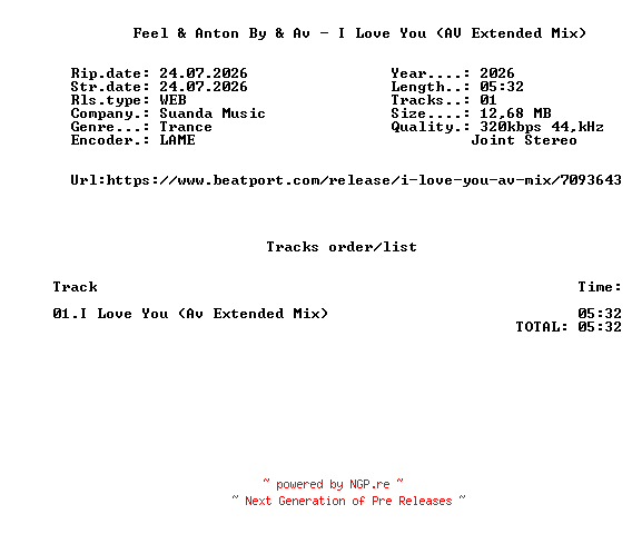 NFO for the release Feel_And_Anton_By_And_Av_-_I_Love_You_(AV_Extended_Mix)-(SND575)-SINGLE-WEB-2026-FMC by FMC
