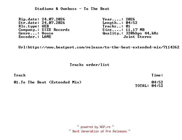 NFO for the release Stadiumx_And_Ownboss_-_To_The_Beat-(SIZE320B)-SINGLE-WEB-2026-FMC by FMC