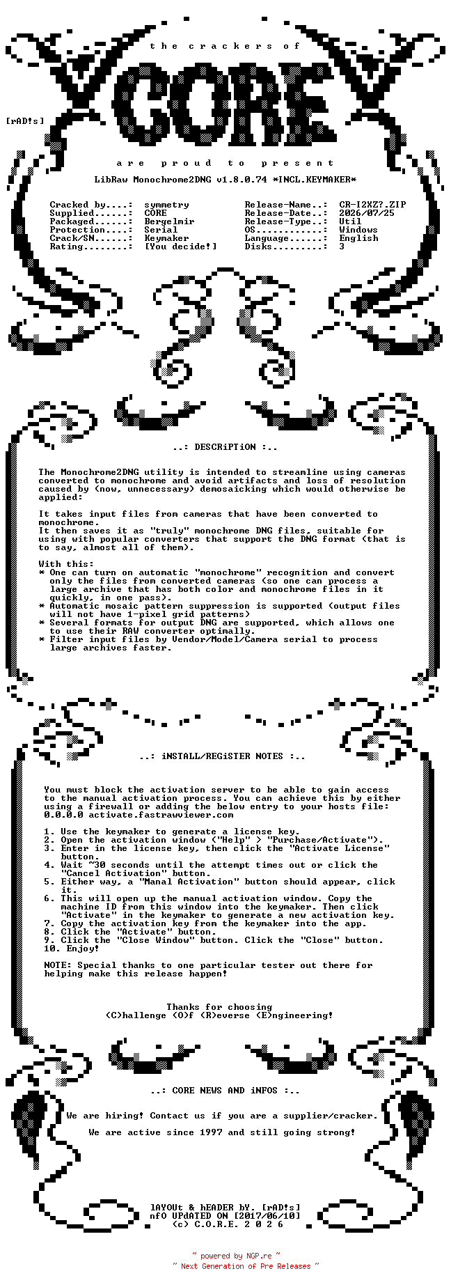 NFO for the release LibRaw.Monochrome2DNG.v1.8.0.74.x64.Incl.Keymaker-CORE by CORE