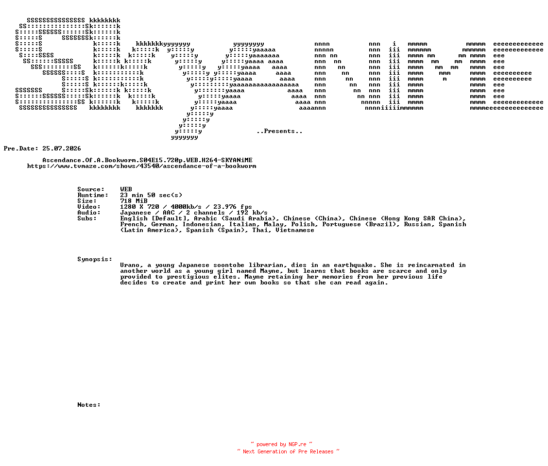 NFO for the release Ascendance.Of.A.Bookworm.S04E15.720p.WEB.H264-SKYANiME by SKYANiME