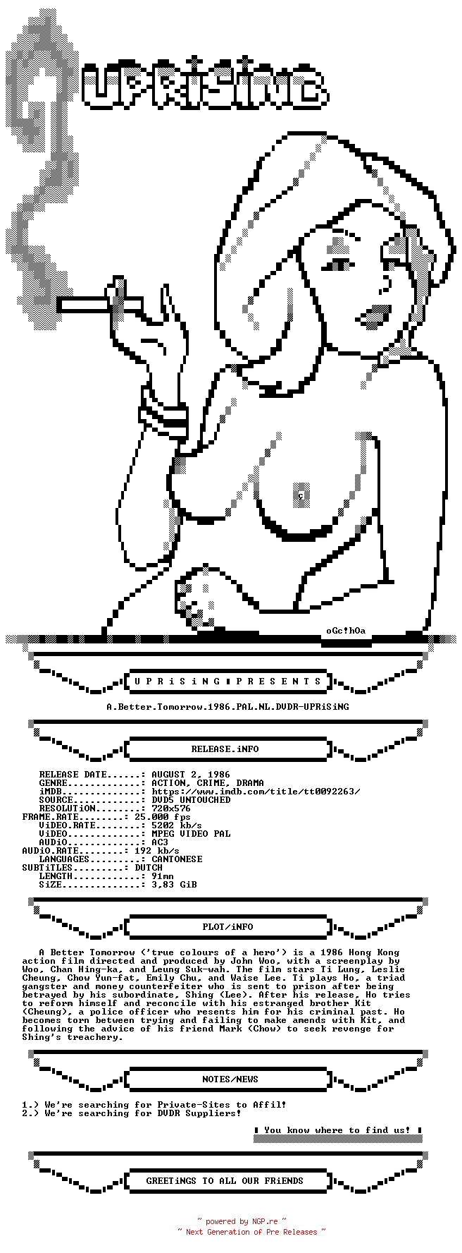 NFO for the release A.Better.Tomorrow.1986.PAL.NL.DVDR-UPRiSiNG by UPRiSiNG