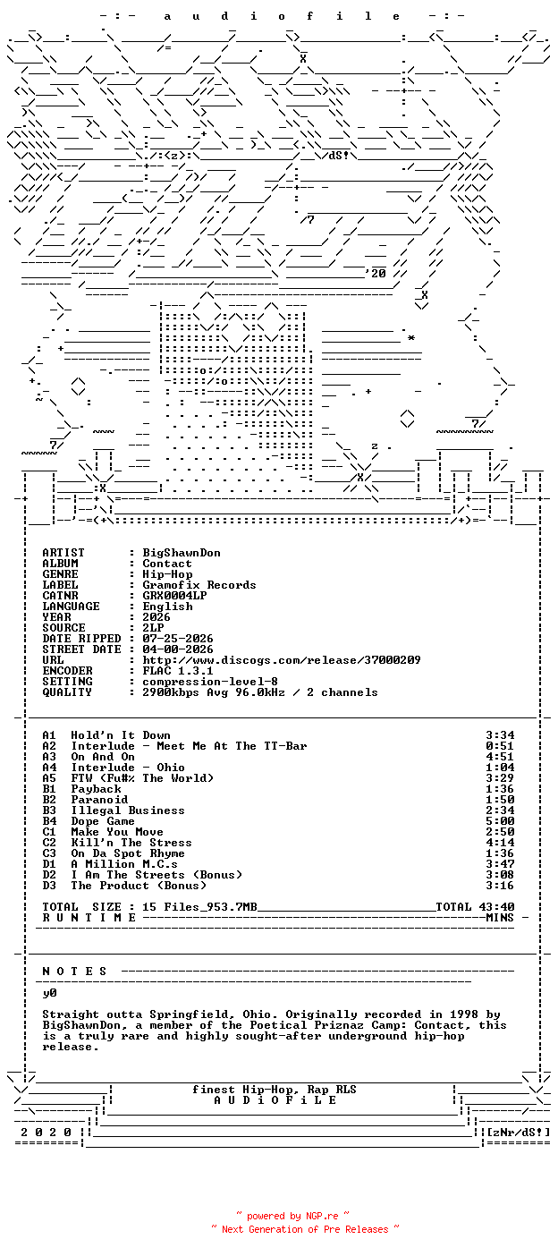 NFO for the release BigShawnDon-Contact-REISSUE-2LP-FLAC-2026-AUDiOFiLE by AUDiOFiLE