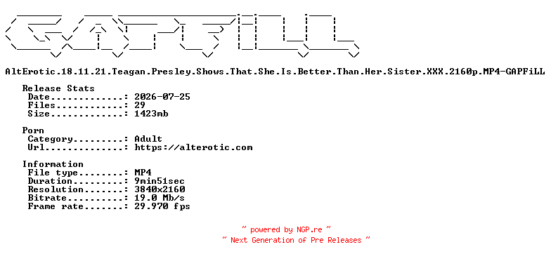 NFO for the release AltErotic.18.11.21.Teagan.Presley.Shows.That.She.Is.Better.Than.Her.Sister.XXX.2160p.MP4-GAPFiLL by GAPFiLL