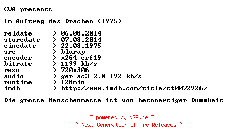 NFO for the release Im.Auftrag.des.Drachen.1975.German.BDRip.x264.iNTERNAL-CWA by CWA