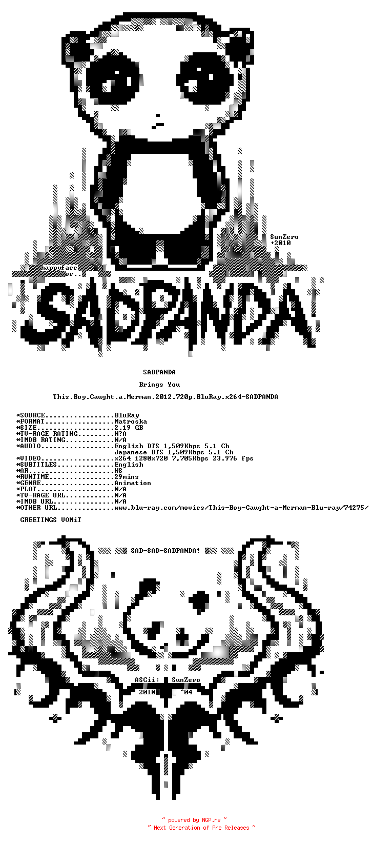 NFO for the release This.Boy.Caught.a.Merman.2012.720p.BluRay.x264-SADPANDA by SADPANDA
