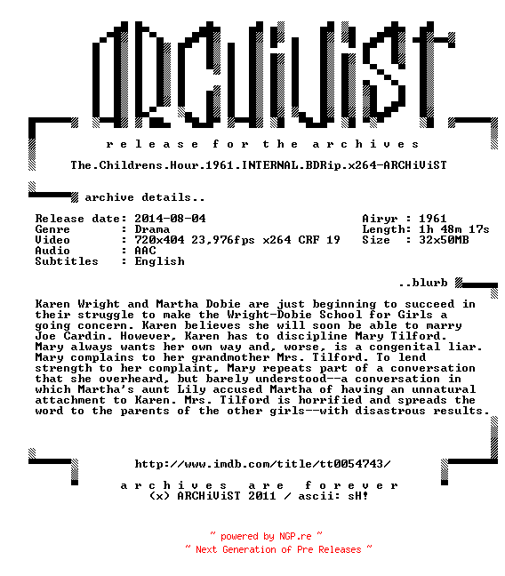 NFO for the release The.Childrens.Hour.1961.INTERNAL.BDRip.x264-ARCHiViST by ARCHiViST