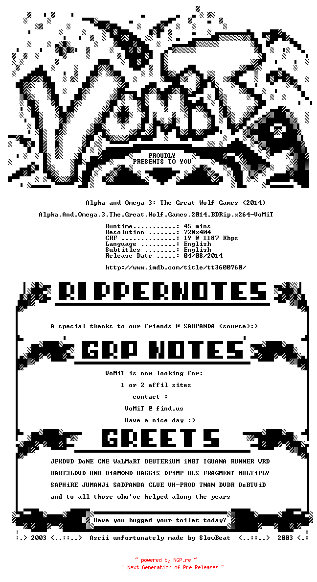 NFO for the release Alpha.And.Omega.3.The.Great.Wolf.Games.2014.BDRip.x264-VoMiT by VoMiT