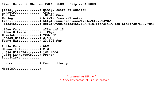 NFO for the release Aimer.Boire.Et.Chanter.2014.FRENCH.BDRip.x264-ROUGH by ROUGH