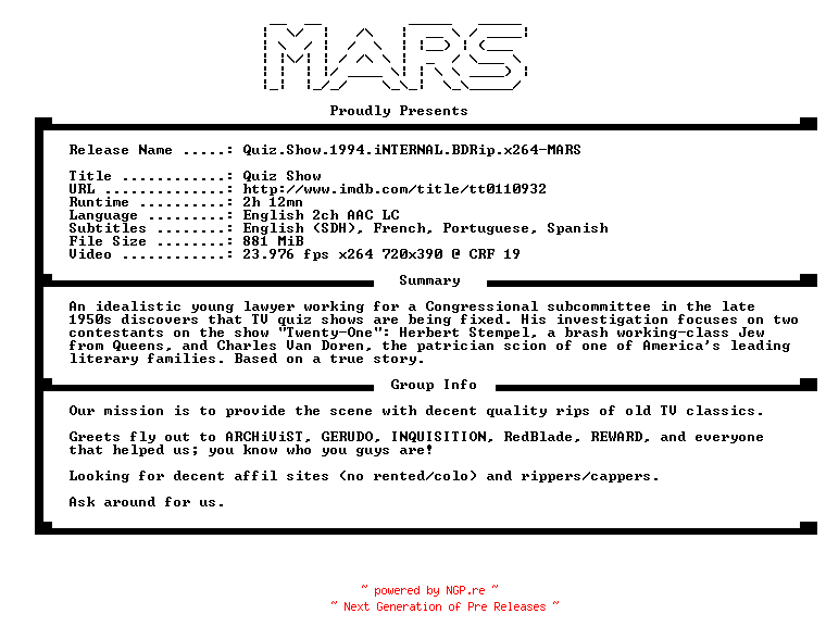 NFO for the release Quiz.Show.1994.iNTERNAL.BDRip.x264-MARS by MARS