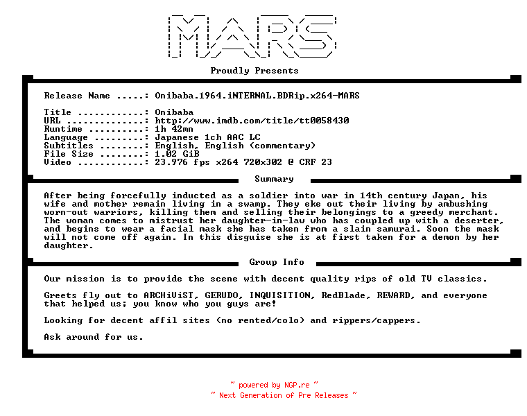 NFO for the release Onibaba.1964.iNTERNAL.BDRip.x264-MARS by MARS