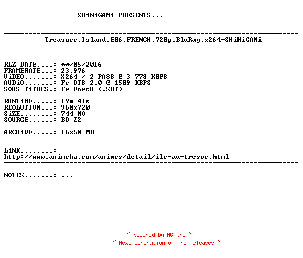 NFO for the release Treasure.Island.E06.FRENCH.720p.BluRay.x264-SHiNiGAMi by SHiNiGAMi