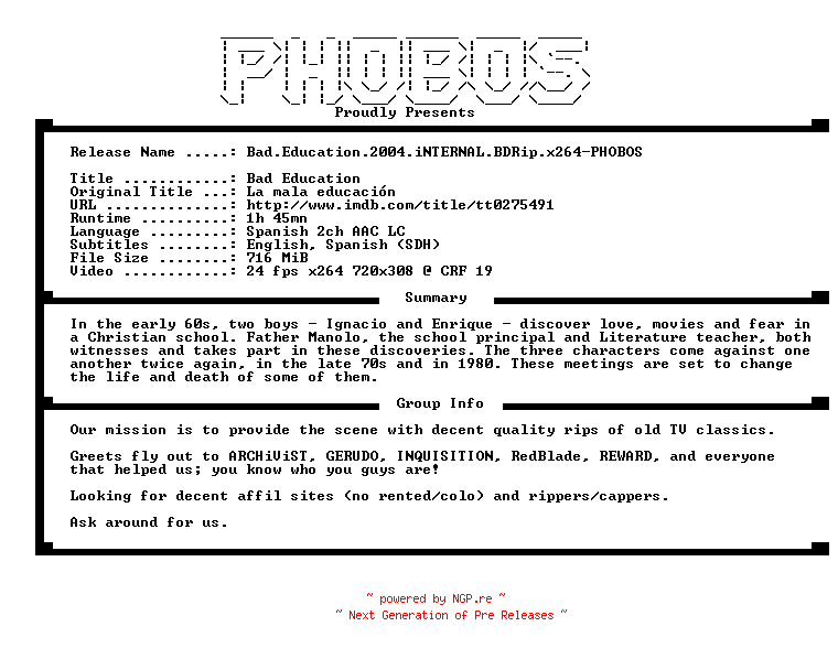 NFO for the release Bad.Education.2004.iNTERNAL.BDRip.x264-PHOBOS by PHOBOS