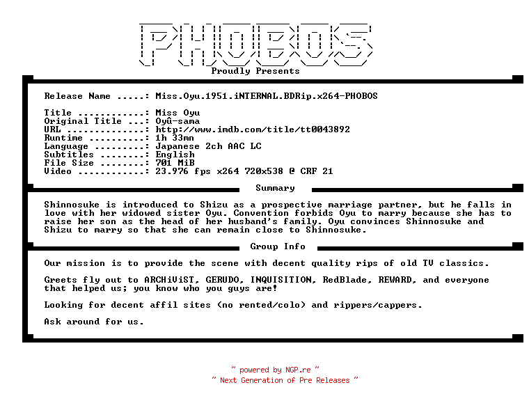 NFO for the release Miss.Oyu.1951.iNTERNAL.BDRip.x264-PHOBOS by PHOBOS