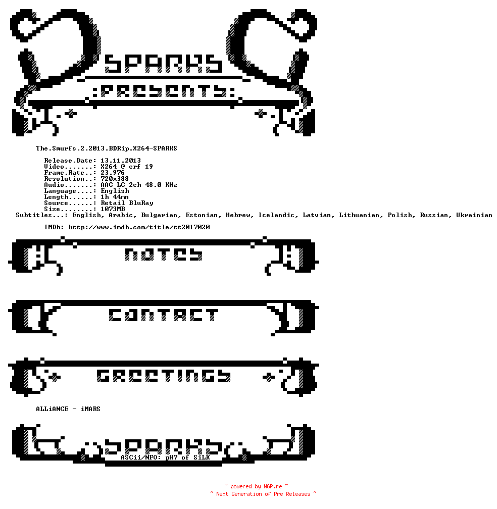 NFO for the release The.Smurfs.2.2013.BDRip.X264-SPARKS by SPARKS
